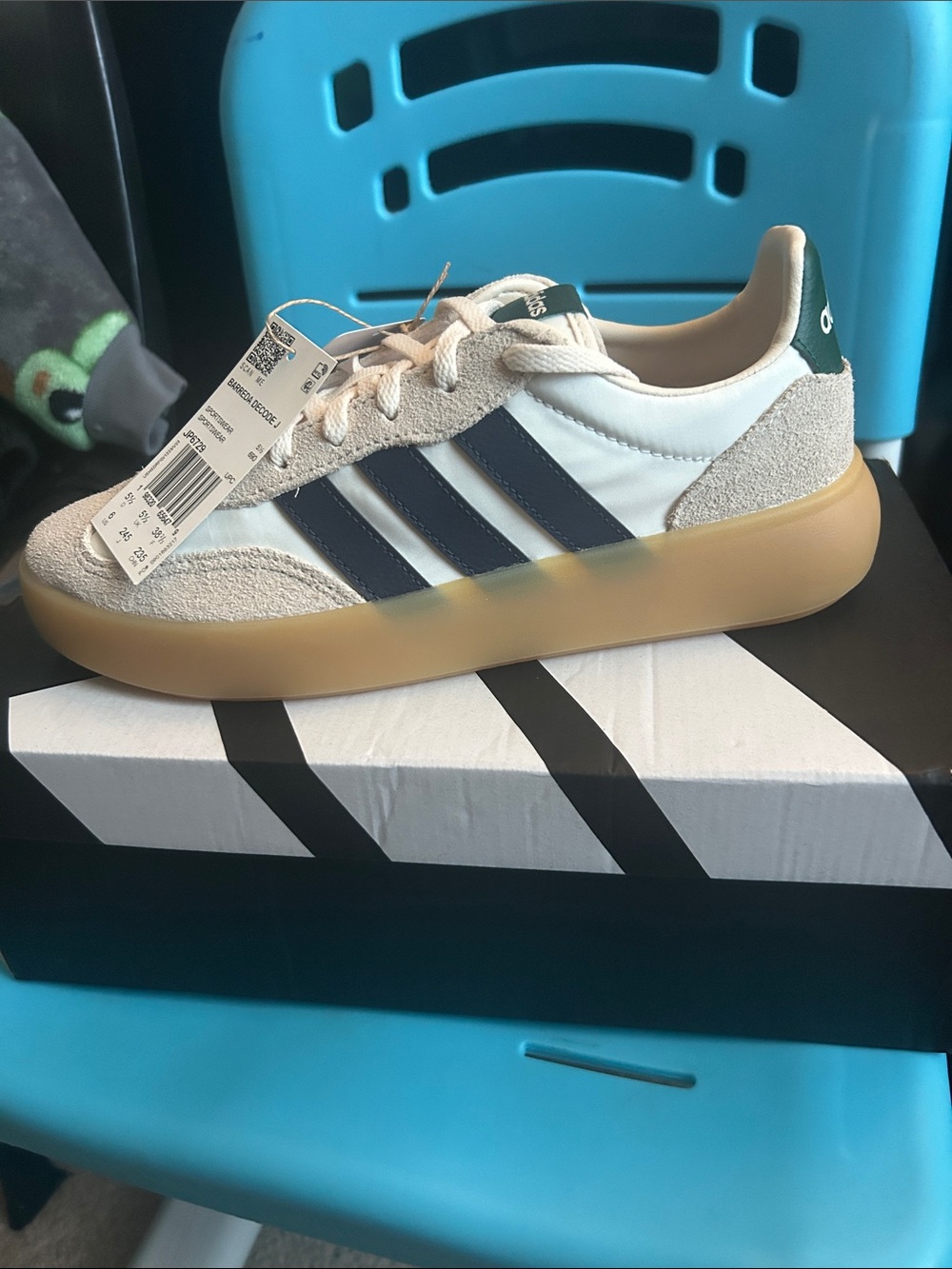 adidas Kids White Sneakers with Navy Stripes and Gum Sole